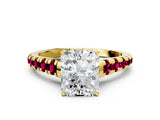 Yellow gold Radiant Cut Diamond Cathedral Solitaire Ring with Round with Garnet side stone Pavé Band_12