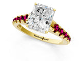 Yellow gold Radiant Cut Diamond Cathedral Solitaire Ring with Round with Garnet side stone Pavé Band_13