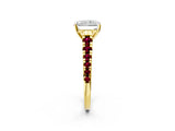 Yellow gold Radiant Cut Diamond Cathedral Solitaire Ring with Round with Garnet side stone Pavé Band_14