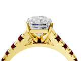 Yellow gold Radiant Cut Diamond Cathedral Solitaire Ring with Round with Garnet side stone Pavé Band_16