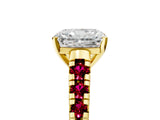 Yellow gold Radiant Cut Diamond Cathedral Solitaire Ring with Round with Garnet side stone Pavé Band_17