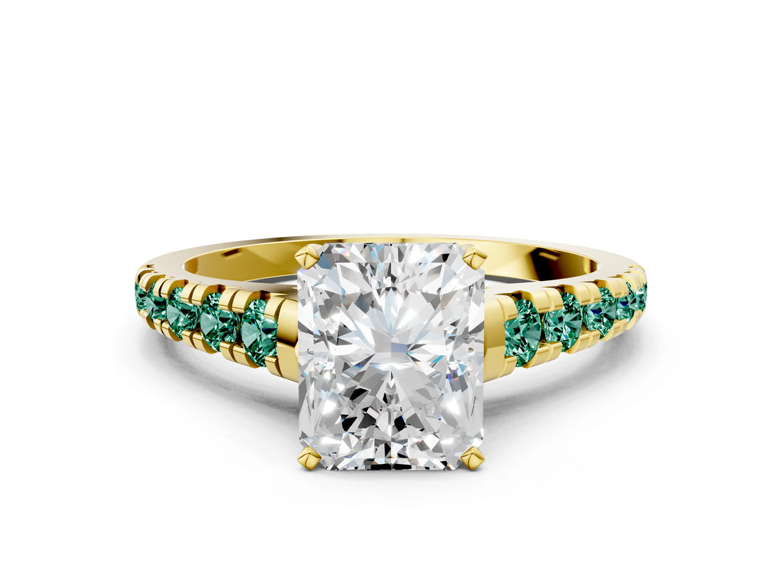 Yellow gold Radiant Cut Diamond Cathedral Solitaire Ring with Round with Green Sapphire side stone Pavé Band_12