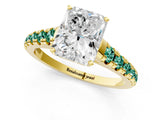 Yellow gold Radiant Cut Diamond Cathedral Solitaire Ring with Round with Green Sapphire side stone Pavé Band_13