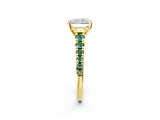 Yellow gold Radiant Cut Diamond Cathedral Solitaire Ring with Round with Green Sapphire side stone Pavé Band_14
