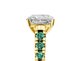 Yellow gold Radiant Cut Diamond Cathedral Solitaire Ring with Round with Green Sapphire side stone Pavé Band_17