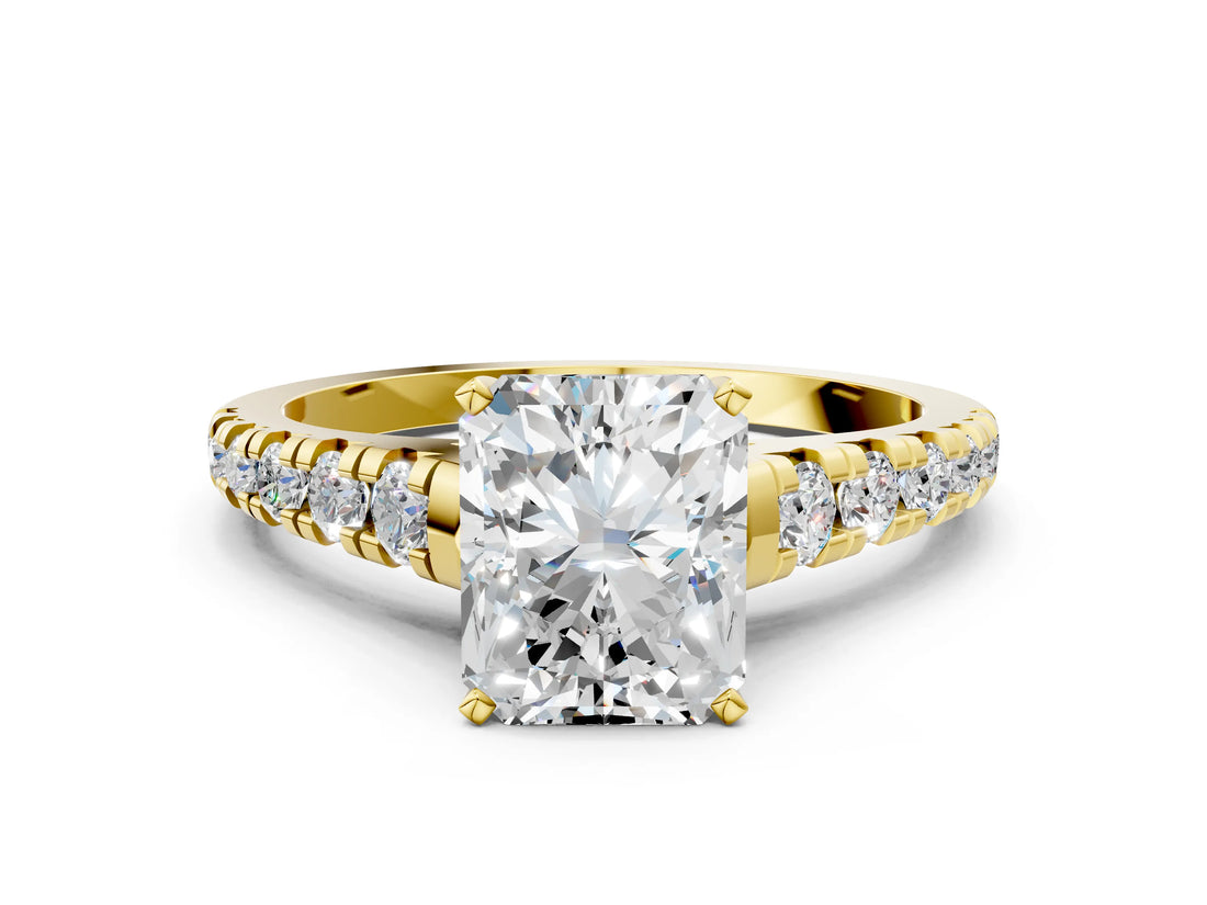 Yellow gold Radiant Cut Diamond Cathedral Solitaire Ring with Round with Moissanite side stone Pavé Band_12