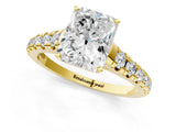Yellow gold Radiant Cut Diamond Cathedral Solitaire Ring with Round with Moissanite side stone Pavé Band_13