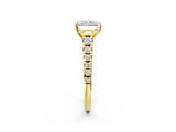 Yellow gold Radiant Cut Diamond Cathedral Solitaire Ring with Round with Moissanite side stone Pavé Band_14