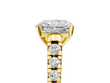 Yellow gold Radiant Cut Diamond Cathedral Solitaire Ring with Round with Moissanite side stone Pavé Band_17
