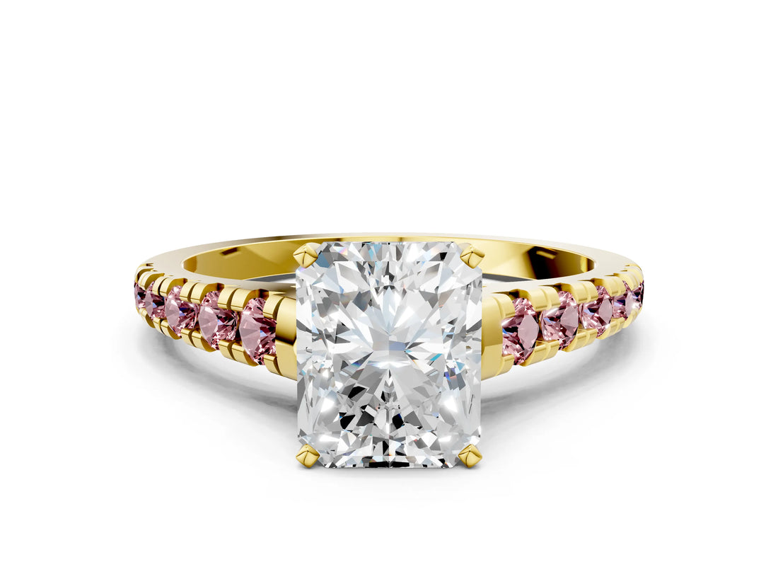Yellow gold Radiant Cut Diamond Cathedral Solitaire Ring with Round with Morganite side stone Pavé Band_12