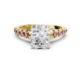 Yellow gold Radiant Cut Diamond Cathedral Solitaire Ring with Round with Morganite side stone Pavé Band_12