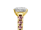 Yellow gold Radiant Cut Diamond Cathedral Solitaire Ring with Round with Morganite side stone Pavé Band_17