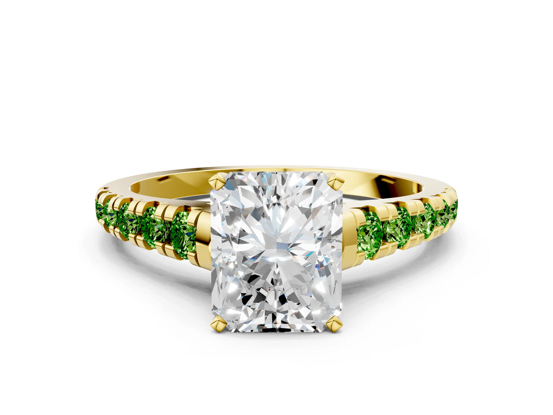 Yellow gold Radiant Cut Diamond Cathedral Solitaire Ring with Round with Peridot side stone Pavé Band
