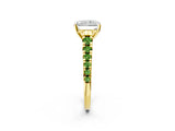 Yellow gold Radiant Cut Diamond Cathedral Solitaire Ring with Round with Peridot side stone Pavé Band_2
