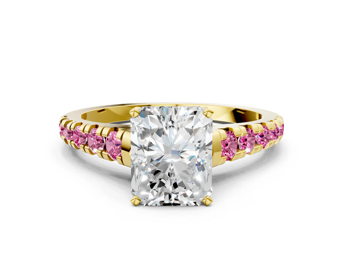 Yellow gold Radiant Cut Diamond Cathedral Solitaire Ring with Round with Pink Sapphire side stone Pavé Band_12
