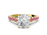 Yellow gold Radiant Cut Diamond Cathedral Solitaire Ring with Round with Pink Sapphire side stone Pavé Band_12