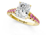 Yellow gold Radiant Cut Diamond Cathedral Solitaire Ring with Round with Pink Sapphire side stone Pavé Band_13