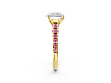 Yellow gold Radiant Cut Diamond Cathedral Solitaire Ring with Round with Pink Sapphire side stone Pavé Band_14