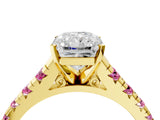 Yellow gold Radiant Cut Diamond Cathedral Solitaire Ring with Round with Pink Sapphire side stone Pavé Band_16