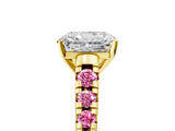 Yellow gold Radiant Cut Diamond Cathedral Solitaire Ring with Round with Pink Sapphire side stone Pavé Band_17