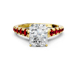 Yellow gold Radiant Cut Diamond Cathedral Solitaire Ring with Round with Ruby side stone Pavé Band_24