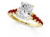 Yellow gold Radiant Cut Diamond Cathedral Solitaire Ring with Round with Ruby side stone Pavé Band_25