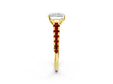 Yellow gold Radiant Cut Diamond Cathedral Solitaire Ring with Round with Ruby side stone Pavé Band_26