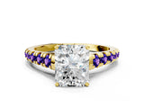Yellow gold Radiant Cut Diamond Cathedral Solitaire Ring with Round with Tanzanite side stone Pavé Band