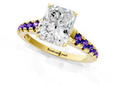 Yellow gold Radiant Cut Diamond Cathedral Solitaire Ring with Round with Tanzanite side stone Pavé Band_1