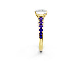 Yellow gold Radiant Cut Diamond Cathedral Solitaire Ring with Round with Tanzanite side stone Pavé Band_2