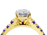 Yellow gold Radiant Cut Diamond Cathedral Solitaire Ring with Round with Tanzanite side stone Pavé Band_4