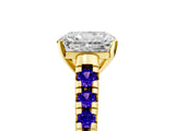 Yellow gold Radiant Cut Diamond Cathedral Solitaire Ring with Round with Tanzanite side stone Pavé Band_5