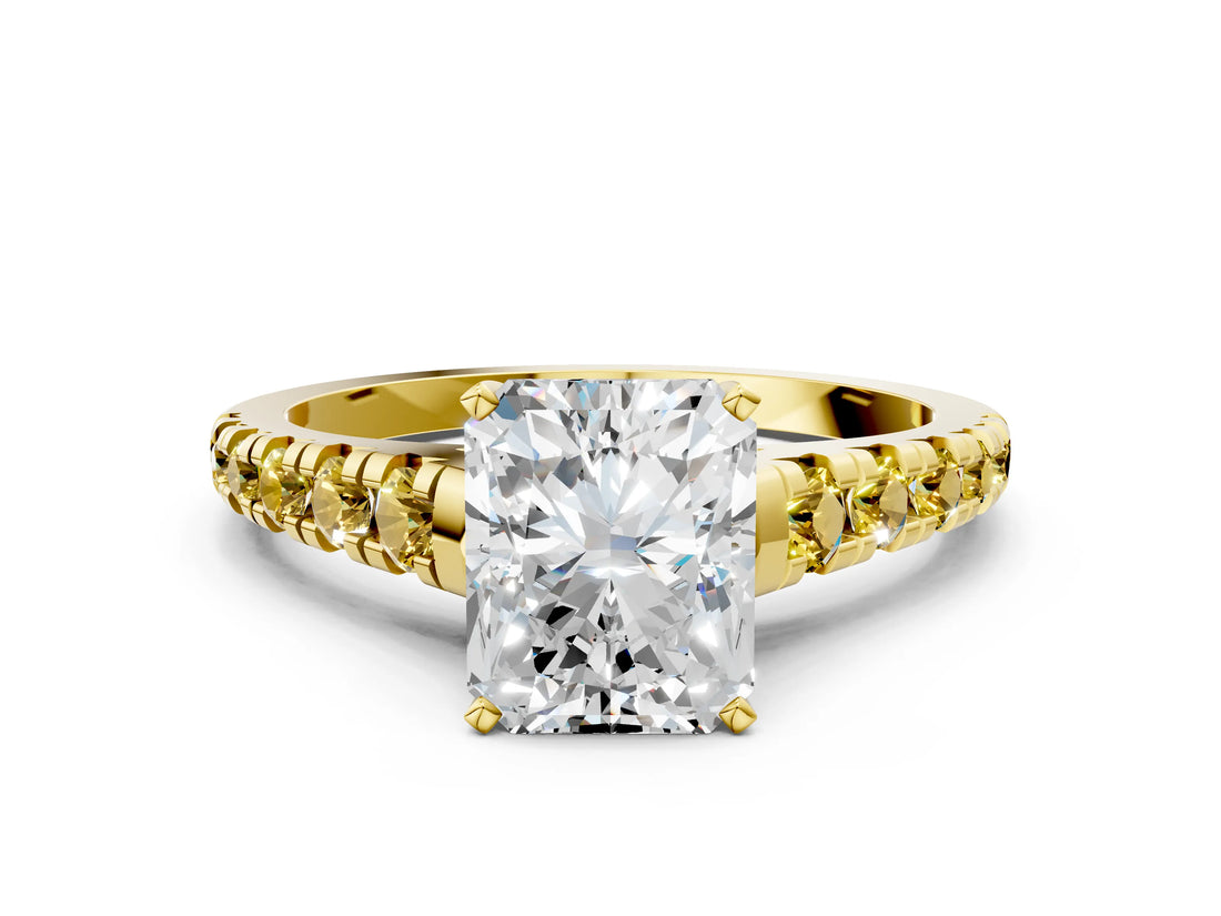Yellow gold Radiant Cut Diamond Cathedral Solitaire Ring with Round with Yellow Sapphire side stone Pavé Band_36
