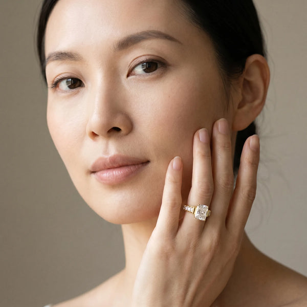 Yellow gold Radiant Cut Diamond Classic Solitaire Ring with Pavé Band and Four-Prong Setting