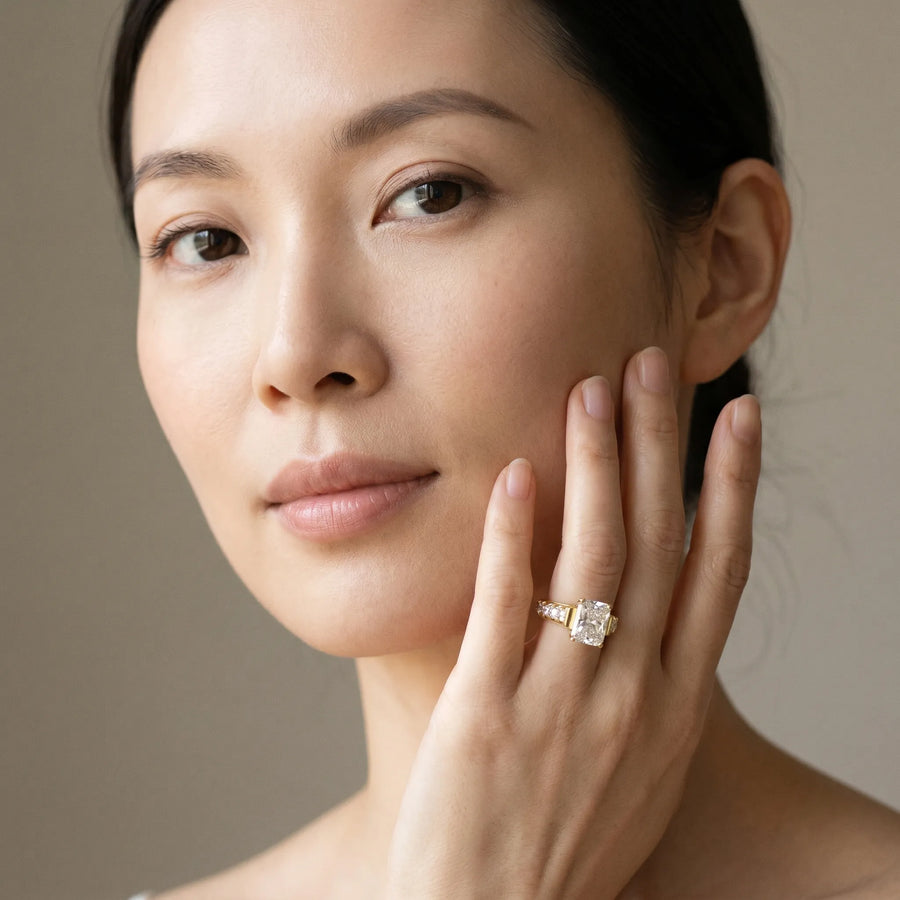 Yellow gold Radiant Cut Diamond Classic Solitaire Ring with Pavé Band and Four-Prong Setting