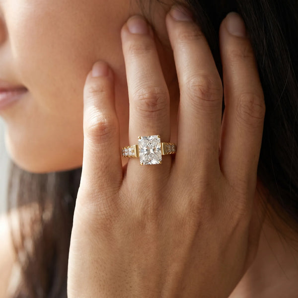 Yellow gold Radiant Cut Diamond Classic Solitaire Ring with Pavé Band and Four-Prong Setting