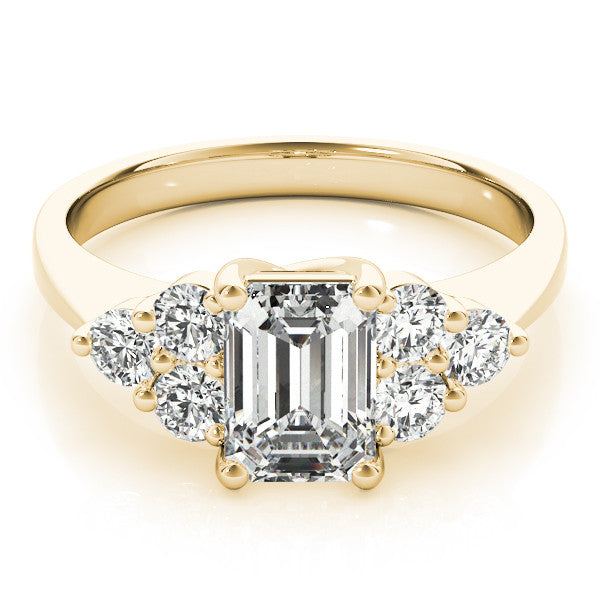 Yellow gold Radiant Cut Diamond Cluster Ring with Round Accent Stones and Prong Setting on a Classic Band 2