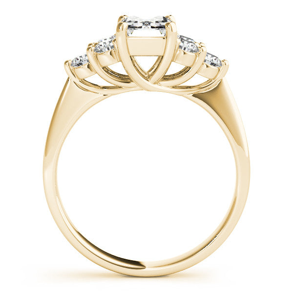 Yellow gold Radiant Cut Diamond Cluster Ring with Round Accent Stones and Prong Setting on a Classic Band