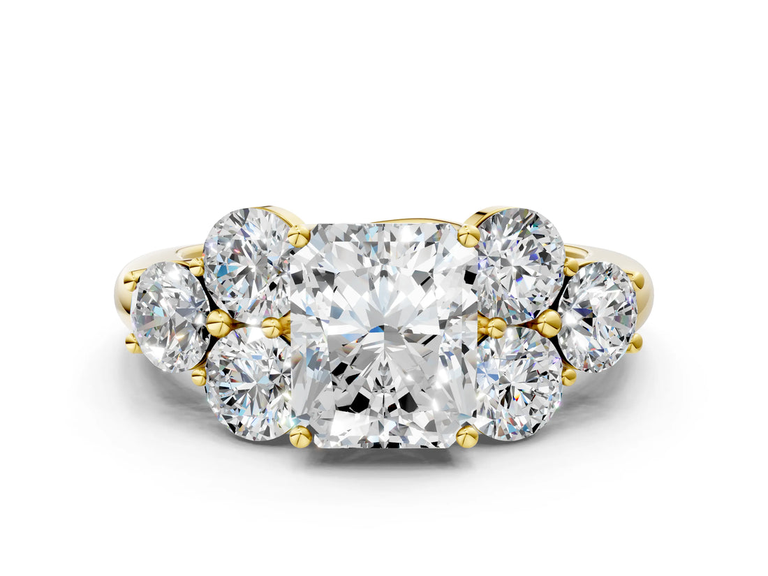 Yellow gold Radiant Cut Diamond Cluster Ring with Round Accent Stones and Prong Setting on a Classic Band_61