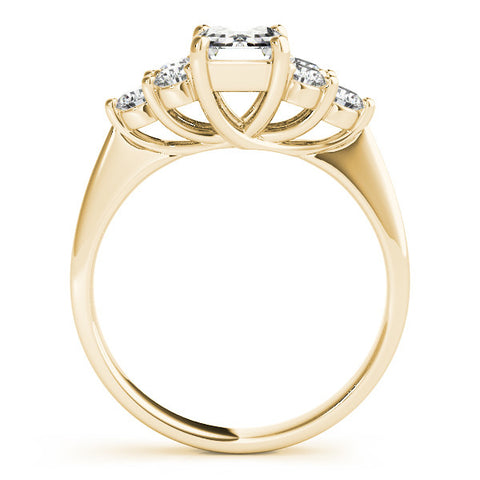 Yellow gold Radiant Cut Diamond Cluster Ring with Round Accent Stones and Prong Setting on a Classic Band
