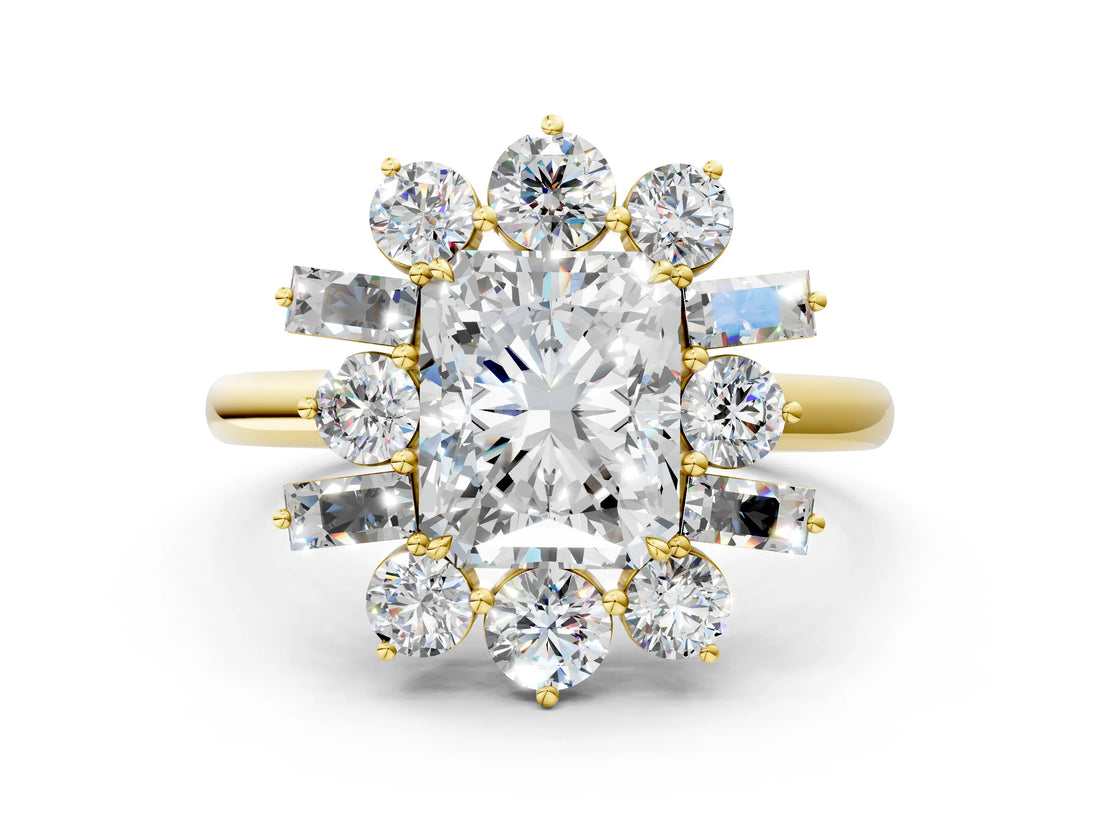 Yellow gold Radiant Cut Diamond Cluster Ring with Round and Baguette Stones, Split Shank Band, Prong Setting_3