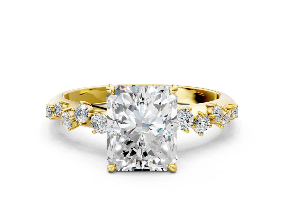 Yellow gold Radiant Cut Diamond Cluster Side Stone Solitaire Ring with Prong Setting_60
