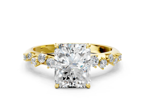 Yellow gold Radiant Cut Diamond Cluster Side Stone Solitaire Ring with Prong Setting