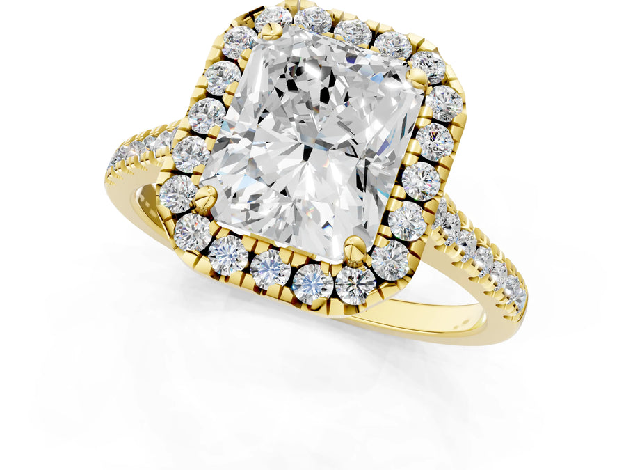 Yellow gold Radiant Cut Diamond Cushion Halo Ring with Pavé Band