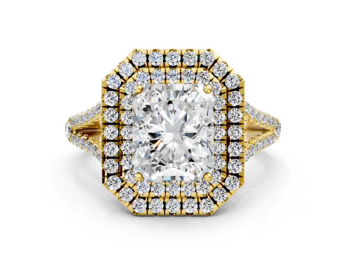 Yellow gold Radiant Cut Diamond Double Halo Ring with Pavé Band and Prong Setting_94