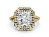 Yellow gold Radiant Cut Diamond Double Halo Ring with Pavé Band and Prong Setting_94