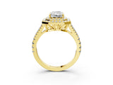 Yellow gold Radiant Cut Diamond Double Halo Ring with Pavé Band and Prong Setting_97