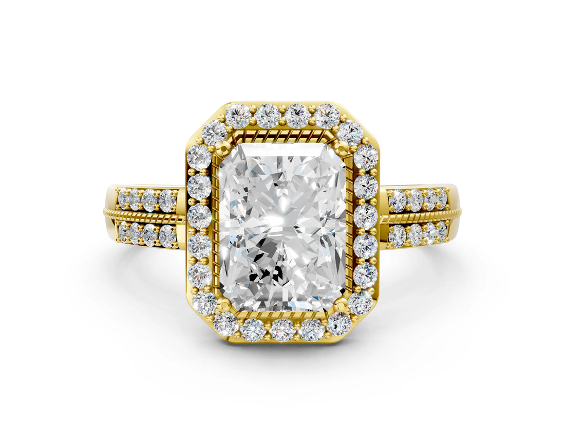 Yellow gold Radiant Cut Diamond Double Halo Ring with Split Shank and Four-Prong Setting_3