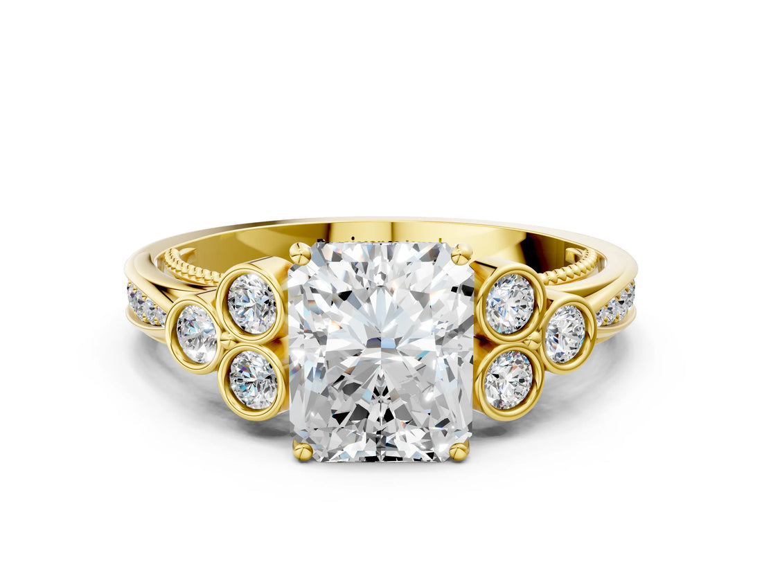 Yellow gold Radiant Cut Diamond Engagement Ring with Bezel Set Round Side Stones and Prong Setting_58