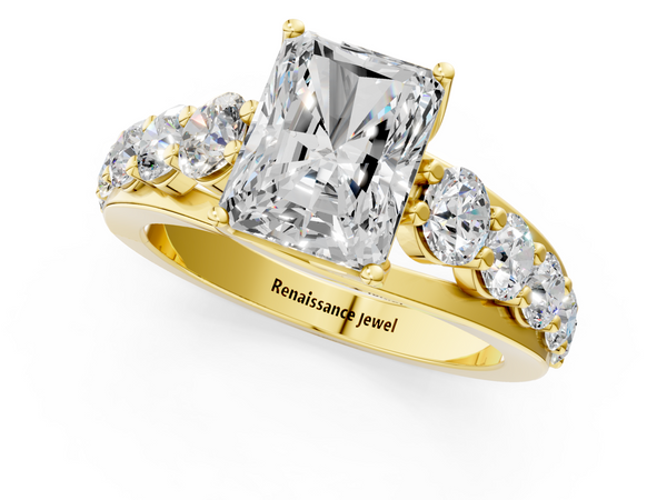 Yellow gold Radiant Cut Diamond Engagement Ring with Pavé Band and Four-Prong Setting